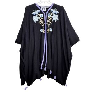Storybook Knits Black Purple Floral Poncho Cape Missy Size XL